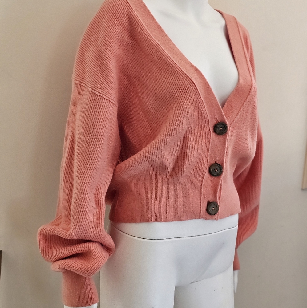 Free People Big Plans Ribbed Cardigan Sweater - Size Large - Peach/Coral - Picture 4 of 15